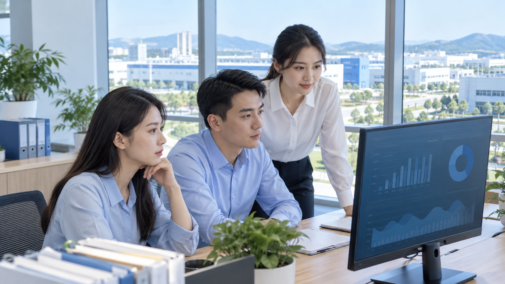 AI 生成示意图：制造企业财务团队协作，不代表真实客户现场